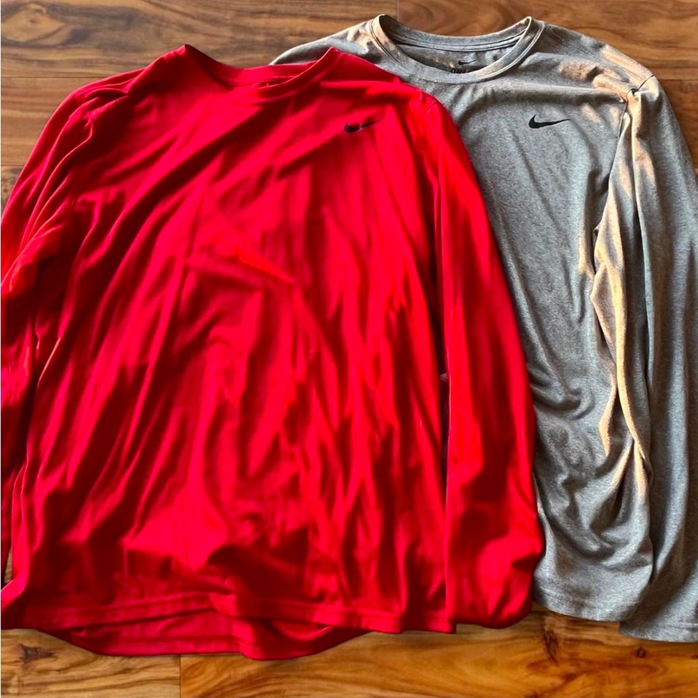 2 Nike Dri-Fit long sleeve bundle grey and red shirts
